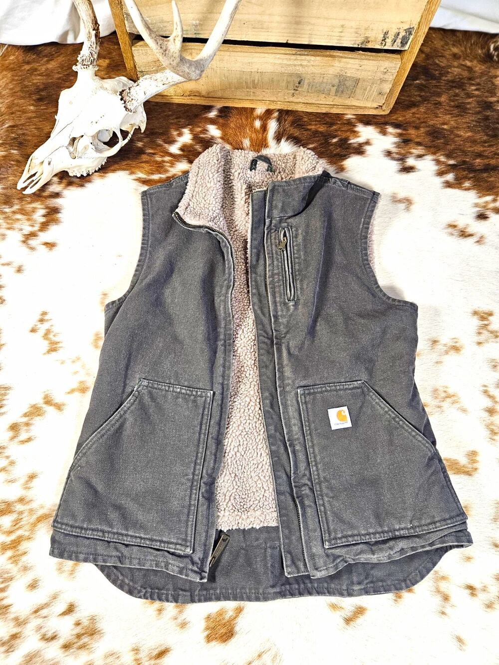 Carhartt Sherpa Vest Womens XS Gray Sandstone Mock Neck Shadow WV001